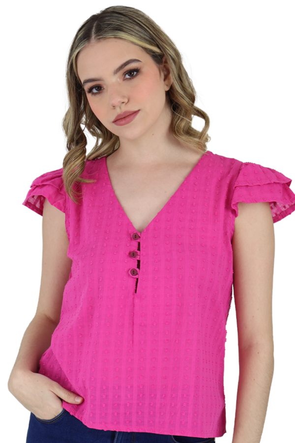 Blusa Manga Corta Con Olánes Color Fiusha Tela Con Textura Para Mujer